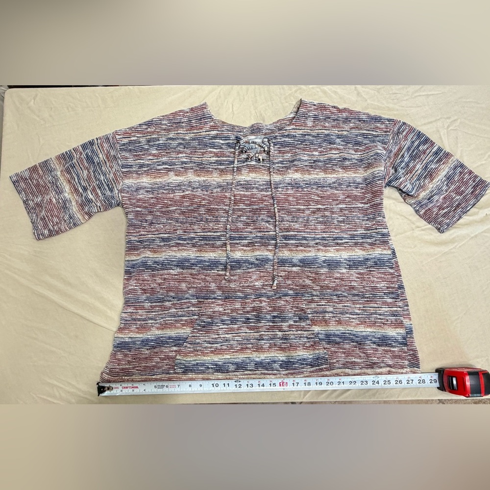 Multicolor Striped Knit Tunic Top with Drawstring Split Neck, Kangaroo Pocket